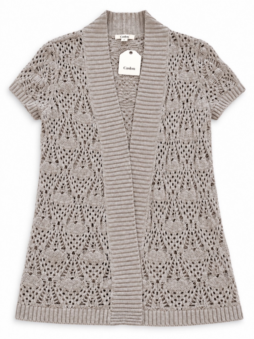 CASLON OPEN KNIT CROCHET CARDIGAN XSMALL PETITE TAUPE NWT COTTON BOHO COASTAL
